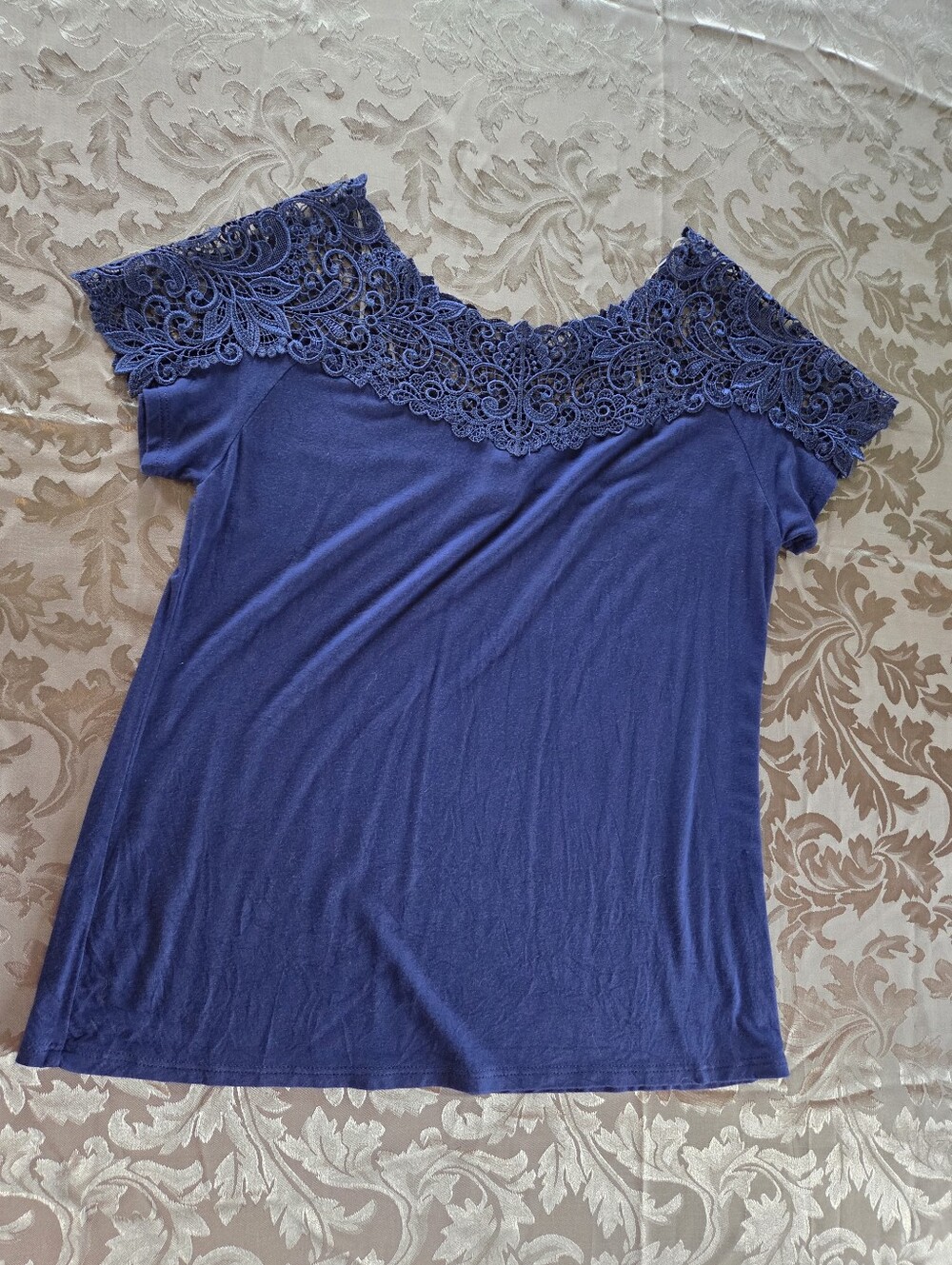 Arianne Lace-Yoke Short Sleeve Navy Blue